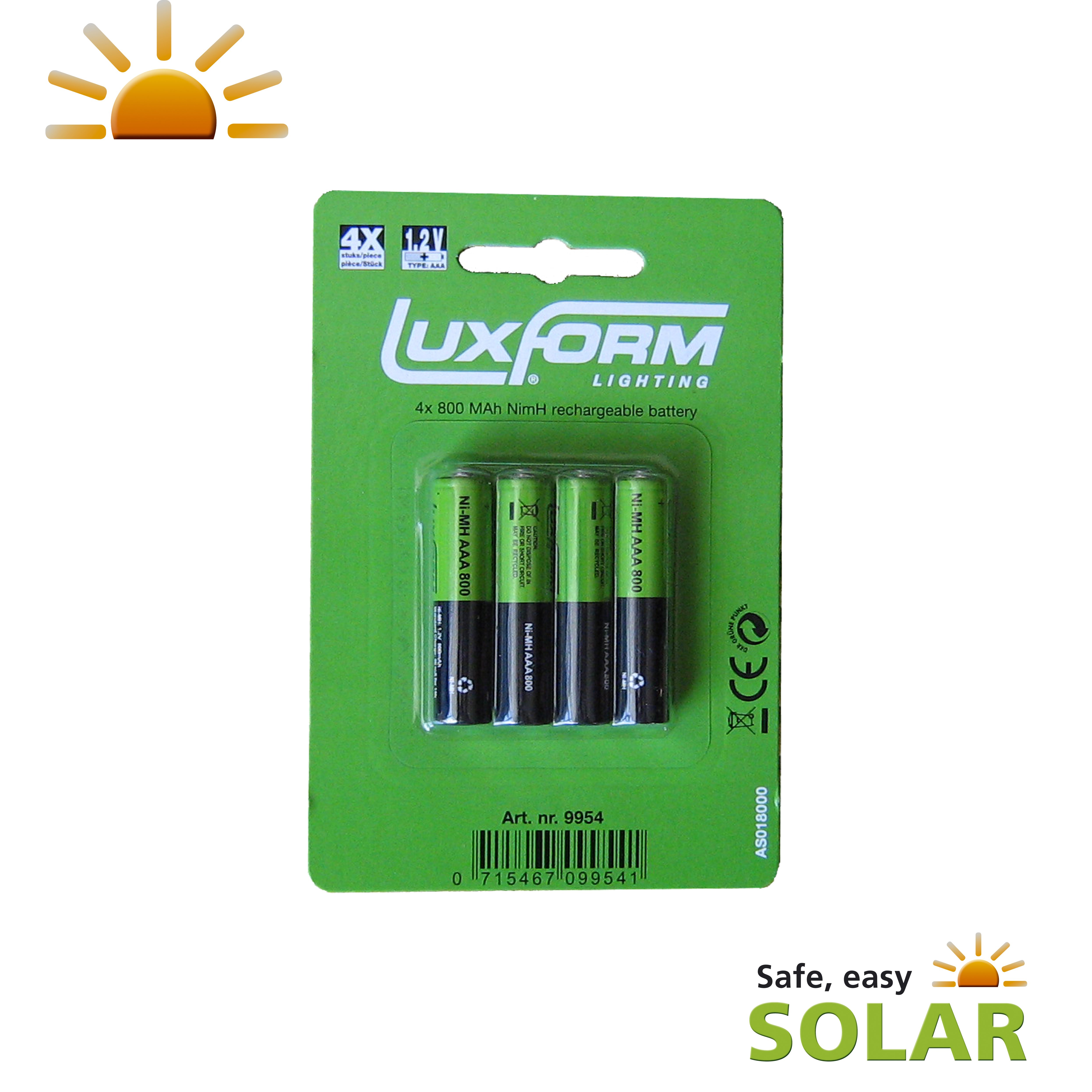 Luxform AAA Solar Rechargeable Battery 800mAh 12v 4 Pack