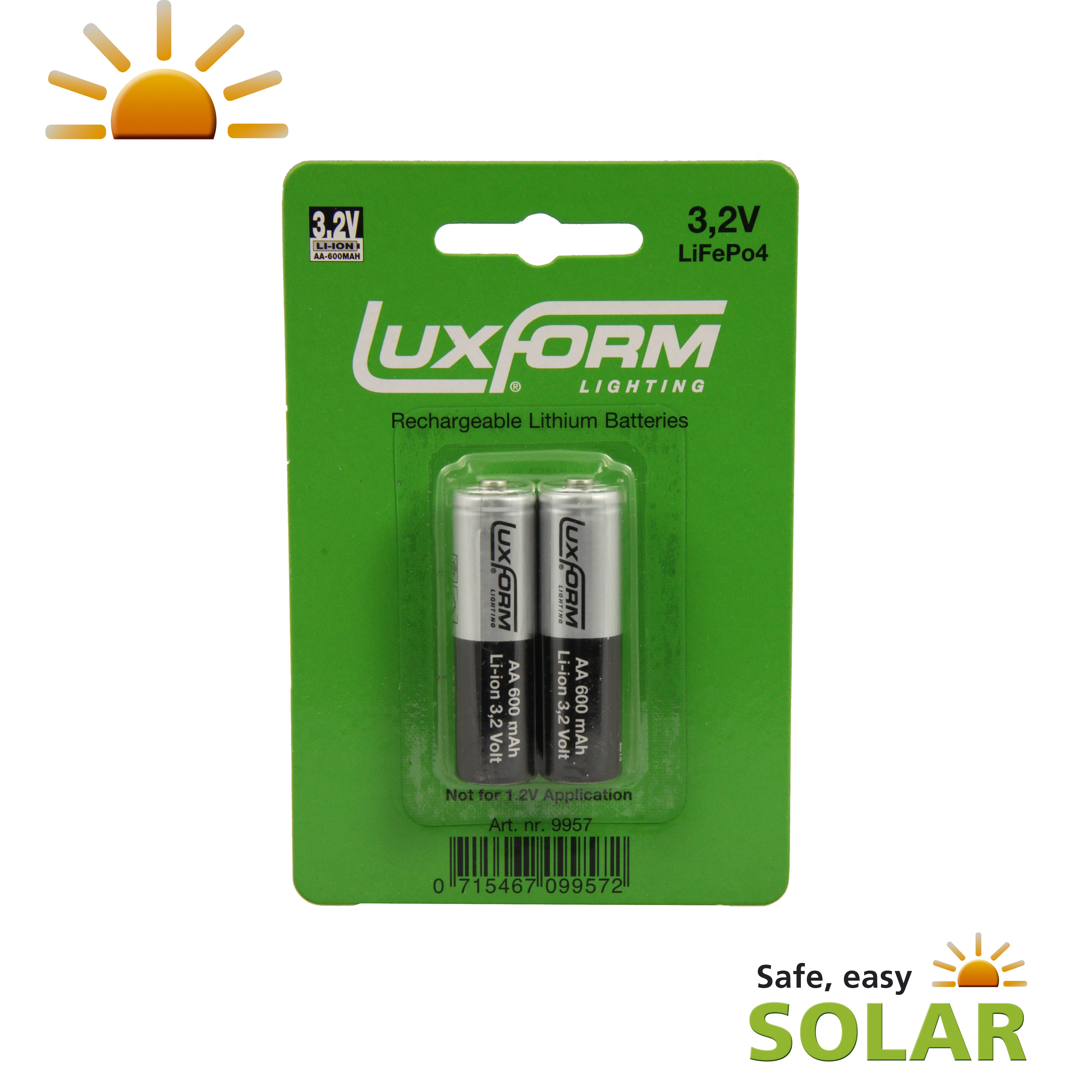 Luxform AA Solar Rechargeable Battery 600mAh 32v 2 Pack