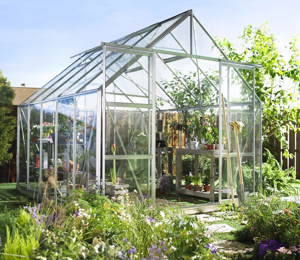 Halls Magnum Greenhouse (8ft Wide)-[Width:8ft]-[Length:10ft]-[Finish:Aluminium Mill]-[Glazing:Horticultural Glass]-[Base:Yes]