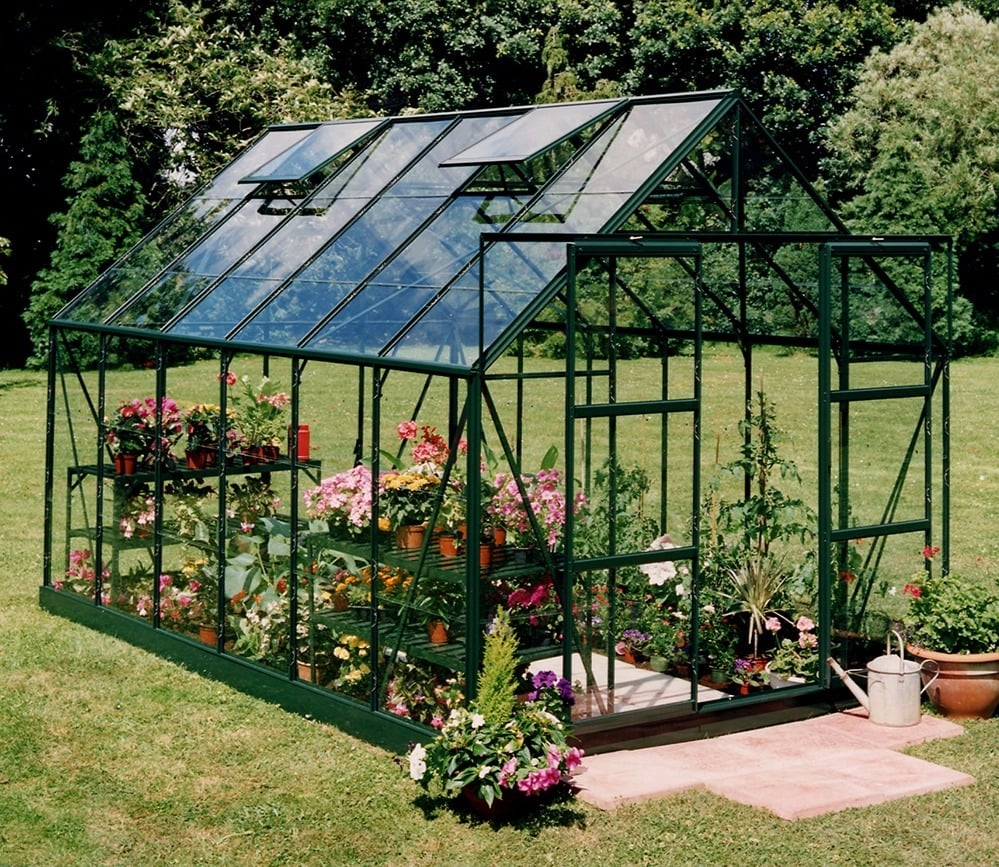 Halls Magnum Greenhouse (8ft Wide)-[Width:8ft]-[Finish:Green]-[Length:12ft]-[Glazing:Horticultural Glass]-[Base:Yes]