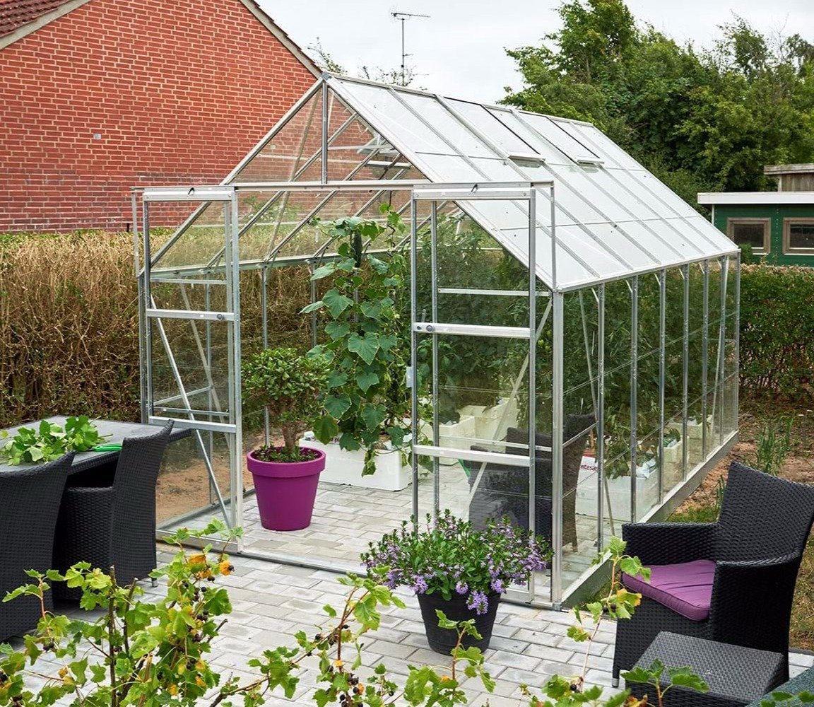 Halls Magnum Greenhouse (8ft Wide)-[Width:8ft]-[Finish:Aluminium Mill]-[Length:14ft]-[Glazing:Horticultural Glass]-[Base:Yes]