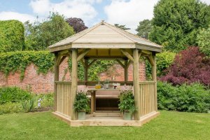 Forest Garden 3.6m Hexagonal Wooden Garden Gazebo with Timber Roof - Furnished with Table, Benches and Cushions (Cream)