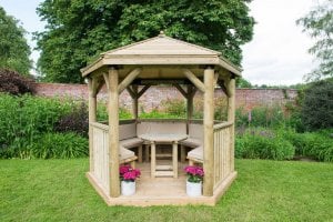 Forest Garden 3m Hexagonal Wooden Garden Gazebo with Timber Roof - Furnished with Table, Benches and Cushions (Cream)