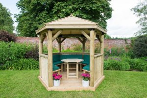 Forest Garden 3m Hexagonal Wooden Garden Gazebo with Timber Roof - Furnished with Table, Benches and Cushions (Green)