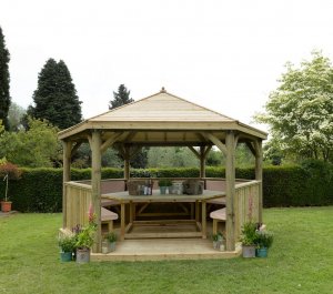 Forest Garden 4.7m Hexagonal Wooden Garden Gazebo with Timber Roof - Furnished with Table, Benches and Cushions (Cream)