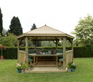 Forest Garden 4.7m Hexagonal Wooden Garden Gazebo with Timber Roof - Furnished with Table, Benches and Cushions (Green)