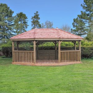 Forest Garden 6m Premium Oval Wooden Gazebo with Cedar Roof and Benches