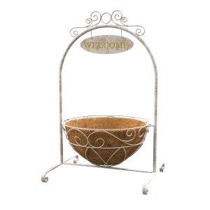 Panacea French Country Scroll Welcome Stand with Hanging Basket (Distressed White)