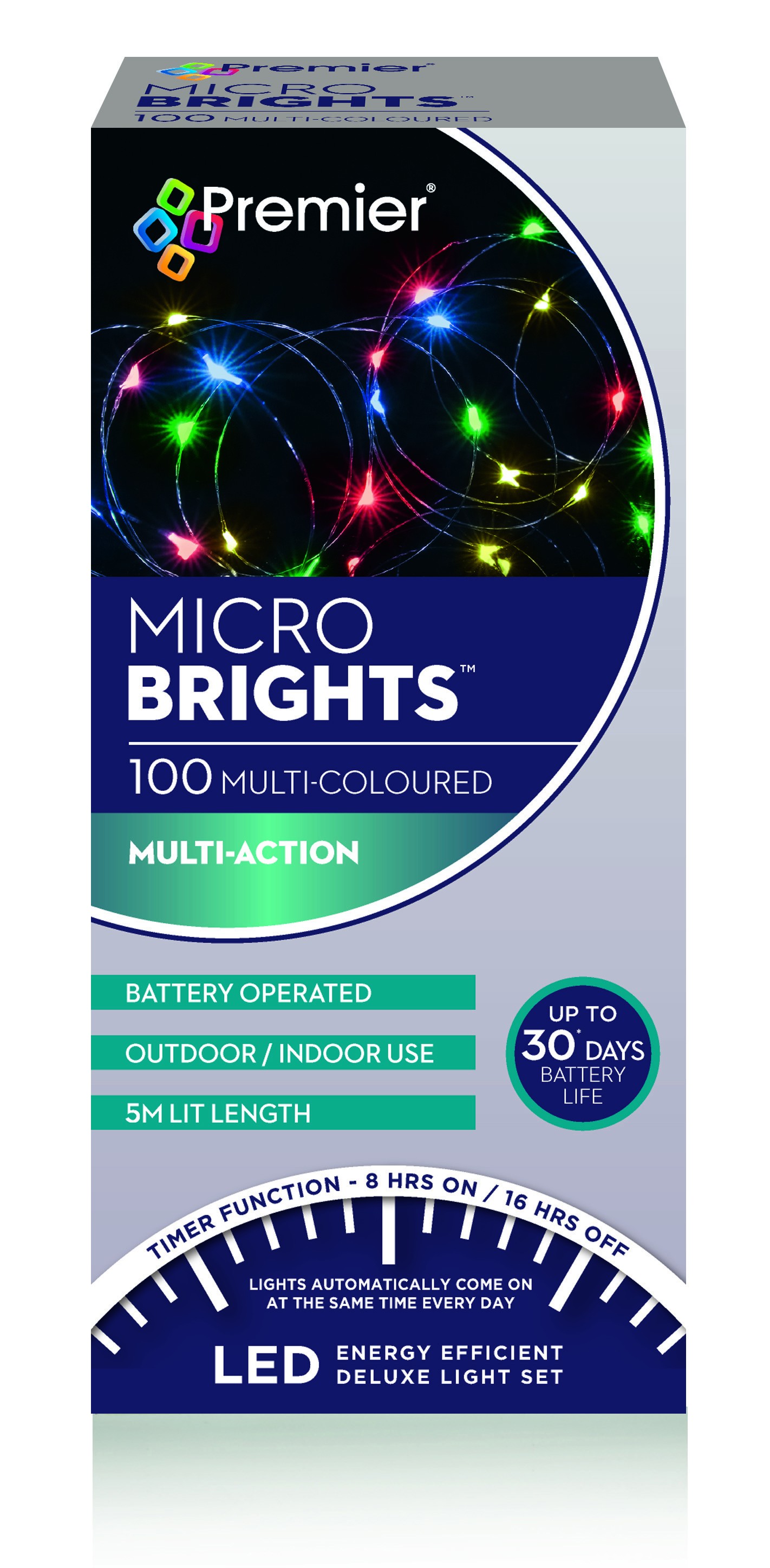 Premier 5m 100 LED Multi Action Battery Microbright Wire Lights (Multicolour)