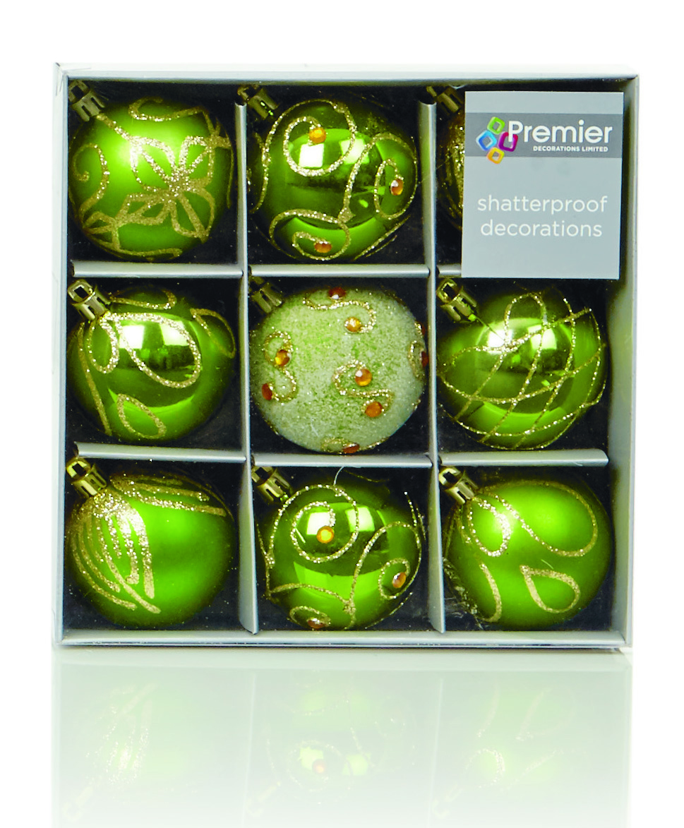 Premier Christmas Apple Green Decorated Bauble Balls